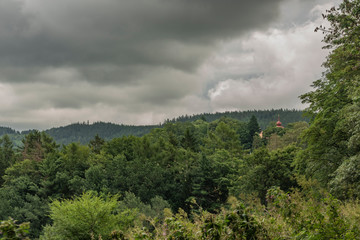 Fototapeta na wymiar Forests near Kostelni Briza village in summer dark cloudy day