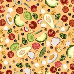 Delicious wholesome food. Mushrooms, vegetables, sausage. Vector seamless patern.