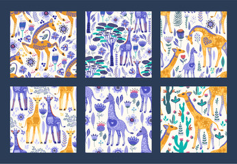 Seamless patten vector set with cute hand drawn ornate giraffes in scandinavian style. Africa animal background collection. Summer safari fashion flat giraffe illustrations.