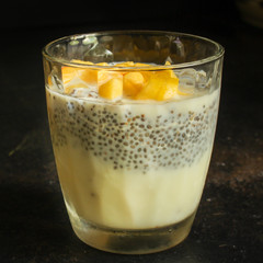 chia pudding fruit (tasty and wholesome breakfast, dessert) menu concept. food background. copy space. Top view