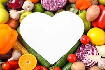 Different vegetables and fruits with empty space, top view