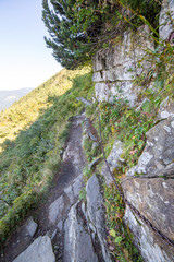 Hiking trail with chains to Diablak Mountain in Poland on sunny day
