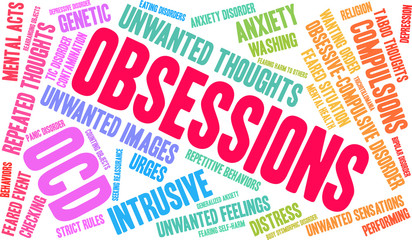 Obsessions word cloud on a white background. 