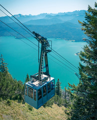 Aerial photo overlooking the Herzogstand cable car over Lake Walchen in Bayern, Germany