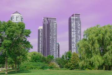 Landmark view at modern buildings near the Humber Bay Park in Etobicoke, Ontario, Canada