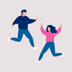 Fototapeta na wymiar Couple of happy people jumping with raised hands on a light background. The concept of friendship, healthy lifestyle, success. Vector illustration in flat cartoon style.