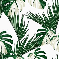 White exotic monstera leaves and coconut palm seamless pattern.