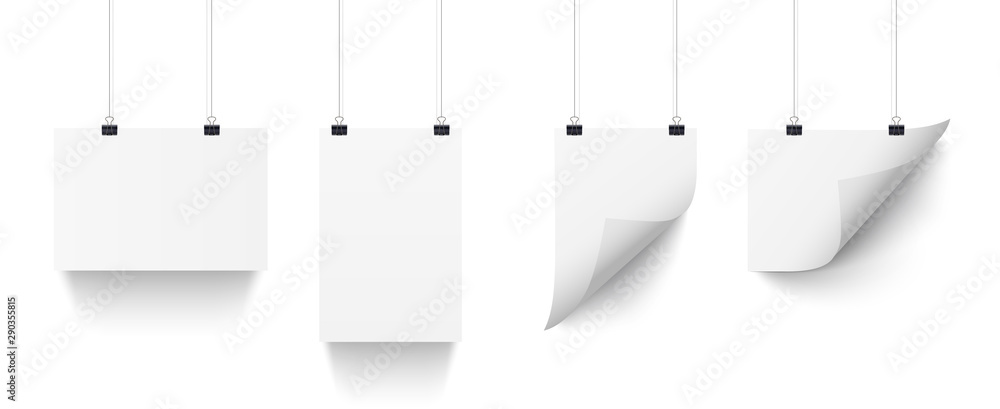 Poster white paper sheets hanging on paper clips isolated on transparent background. vector a4 vertical and