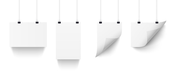 White paper sheets hanging on paper clips isolated on transparent background. Vector A4 vertical and horizontal design elements.