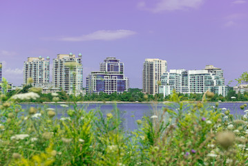 Fototapeta premium Landmark view at modern buildings near the Humber Bay Park in Etobicoke, Ontario, Canada