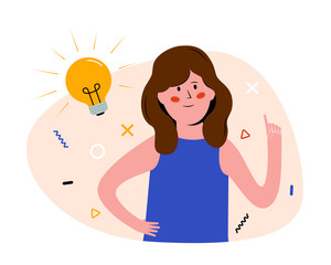 Idea Generation Concept. Smiling girl with light bulb. Young Woman had an idea. Flat vector illustration