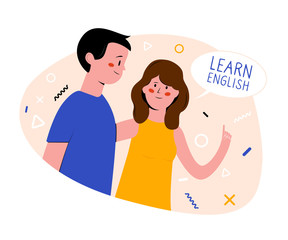 Learn english. Young woman and young man. Girl talking to boy. People with speech bubble. Flat vector illustration