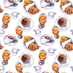 Breakfast pattern with coffee cups, croissants, milk and orange juice. Watercolor illustration isolated on white background.