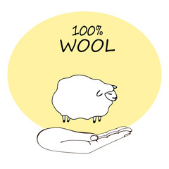 white sheep on a background of a peach oval. hand holds a soaring sheep