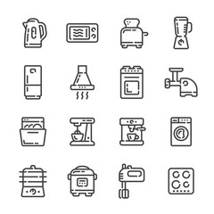 Set of kitchen or cooking appliances outline icons. Vector illustration.
