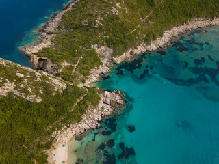 Aerial top photo of Porto Timoni is an amazing beautiful double beach in Corfu, Greece
