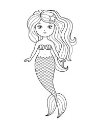 Little cute mermaid coloring page. Coloring book for kids vector illustration.