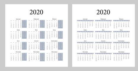Calendar 2020 template. Simple vector editable design. Week starts on Monday.