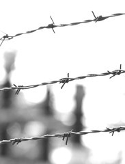 three dramatic lines of wire thrown into a prison camp - obrazy, fototapety, plakaty
