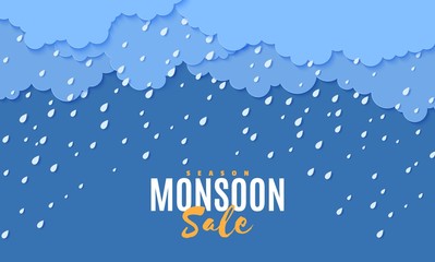 Rain and clouds in paper cut style. Vector storm weather concept with falling water drops from the cloudy sky. Storm papercut background template for autumn monsoon discounts sale banner.