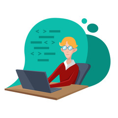 The young programmer is working on a laptop. Coding, creation of new websites, software or applications. Web development business concept. Flat vector illustration.