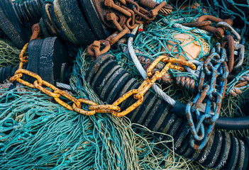 Detail of fishing nets and chains. Ilfracombe, Devon, UK.