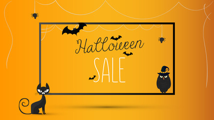 Banner Halloween sale. Halloween Attributes. Black cat, owl in a hat. Orange gradient background.
