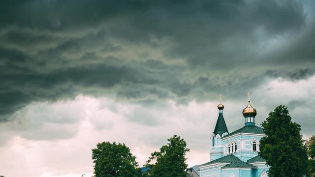 Belarus. St. John The Korma Convent Church In Korma Village, Dobrush District, Belarus. Famous Orthodox Church Against Background Of An Approaching Storm