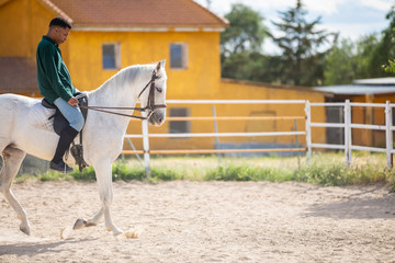 Young African American in casual outfit riding white horse on sandy ground on ranch