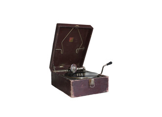 Old vintage music turntable in box isolated on white background. Spinning vinyl audio disc.