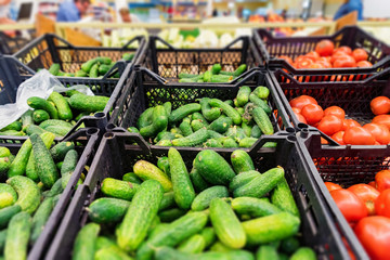 Fresh vegetables in plastic boxes in supermarket