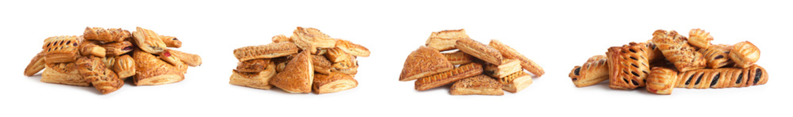Set of fresh delicious puff pastries on white background. Banner design