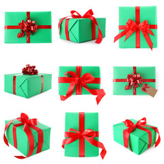Set of different beautiful Christmas gifts on white background