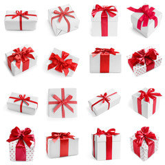 Set of different beautiful Christmas gifts on white background