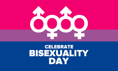 Celebrate Bisexuality Day. Bisexual Pride and Bi Visibility Day. Bisexual flag. Coming out. Celebrated annual in September 23. Festival and parade. Poster, card, banner, template, background. Vector