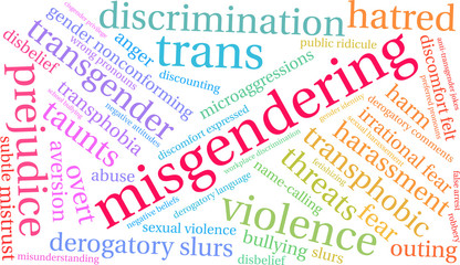 Misgendering Word Cloud on a white background. 