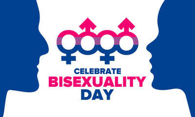 Celebrate Bisexuality Day. Bisexual Pride and Bi Visibility Day. Bisexual flag. Coming out. Celebrated annual in September 23. Festival and parade. Poster, card, banner, template, background. Vector