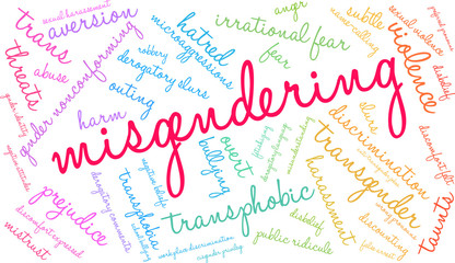 Misgendering Word Cloud on a white background. 