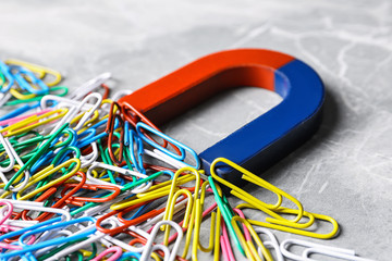 Red and blue horseshoe magnet attracting colorful paperclips on grey marble background, closeup