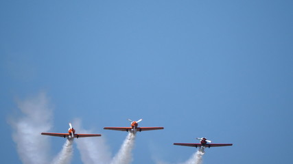 Moscow Russia Zhukovsky Airfield 31 August 2019: performance of aerobatic aircraft Yak-52 the international aerospace salon MAKS-2019