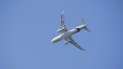 Moscow Russia Zhukovsky Airfield 31 August 2019: Commercial passenger airplane Sukhoi Superjet 100 flying demonstration flight of the international aerospace salon MAKS-2019