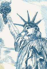 Rysynek ręcznie rysowany. Widok na statuę wolności w Nowym Jorku w USA. - obrazy, fototapety, plakaty