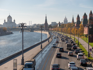 Sunny summer day moscow river bay kremlin panorama .
