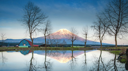 Clear water reflections of Mount Fuji during the day time