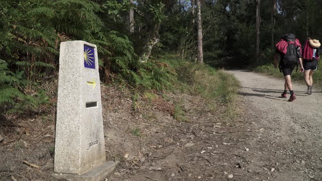 Way of St. James sign and pilgrims walking on a forest footpath. Yellow scallop sign pilgrimage to Santiago de Compostela