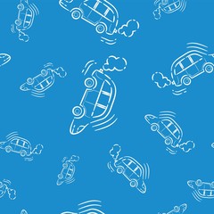 Seamless pattern with transport on a blue background. Vector illustration with a machine in motions. Outline drawing. Personal transport. Car with exhaust gas from the pipe. Greeting card for children