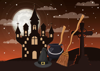 halloween season card with cemetery scene