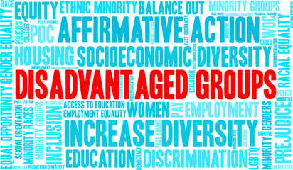 Disadvantaged Groups Word Cloud on a white background. 