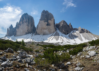 Tre Cime mountain. Cima Piccola, Cima Grande and Cima Ovest. Italian Alps, Italy