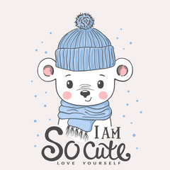 Cute bear face with knitted cap, scarf. Winter time. I am So Cute slogan. Vector illustration design for t-shirt graphics, fashion prints, slogan tees and other uses